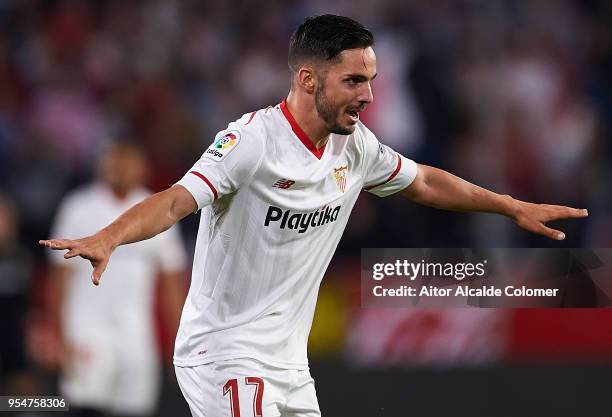 Pablo Sarabia of Sevilla FC reacts during the La Liga match between Sevilla and Real Sociedad at Estadio Ramon Sanchez Pizjuan on May 4, 2018 in...