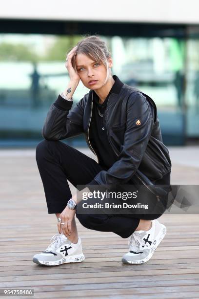 Influencer Josephine Kinsey attends the Noah Becker X Premiata event wearing a Moose Knuckles leather jacket and Premiata trainers at Bikini Berlin...