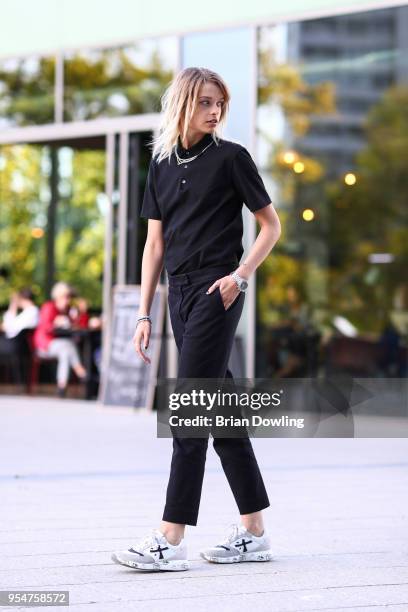 Influencer Josephine Kinsey attends the Noah Becker X Premiata event wearing a Moose Knuckles leather jacket and Premiata trainers at Bikini Berlin...