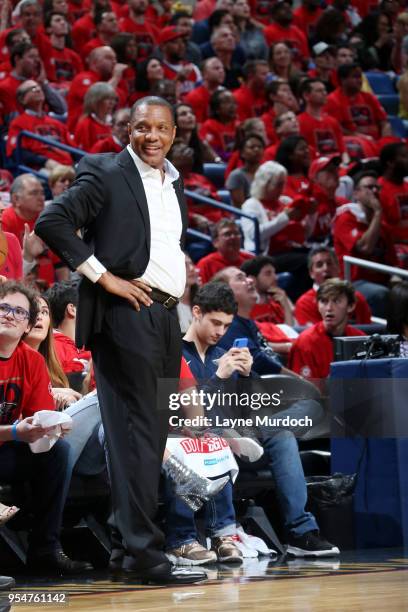 Head Coach Alvin Gentry of the New Orleans Pelicans looks on against the Golden State Warriors during Game Three of the Western Conference Semi...