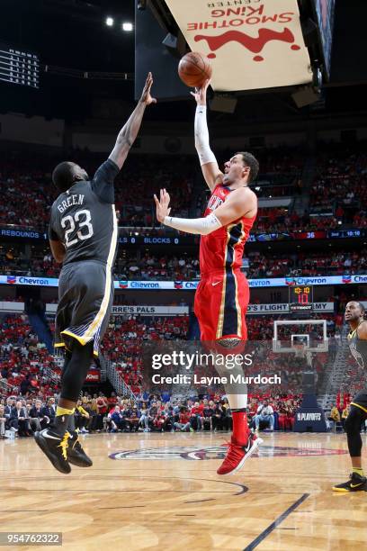 Nikola Mirotic of the New Orleans Pelicans shoots the ball against the Golden State Warriors during Game Three of the Western Conference Semi Finals...