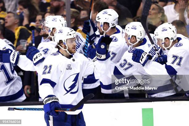 Brayden Point of the Tampa Bay Lightning celebrates after scoring a goal against the Boston Bruins during the first period of Game Four of the...