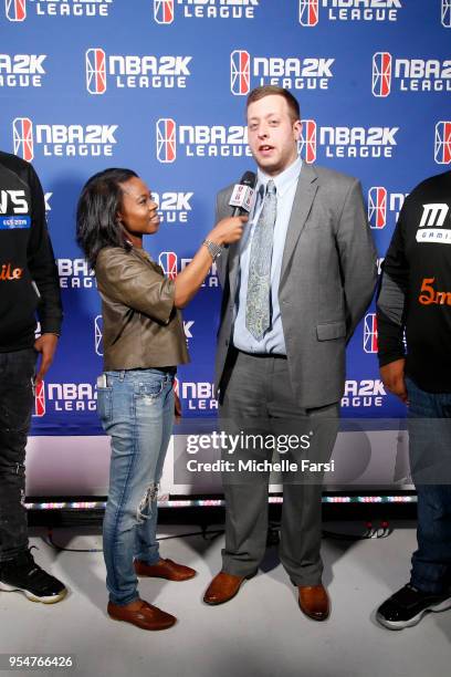 Jonah Edwards head coach of Mavs Gaming is interviewed after the game against Celtics Crossover Gaming during the NBA 2K League Tip Off Tournament on...