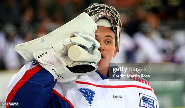 Dimitri Paetzold, goalkeeper of Ingolstadt takes a break the DEL match between Grizzly Adams Wolfsburg and ERC Ingolstadt at the VOLKSBANK BraWo...