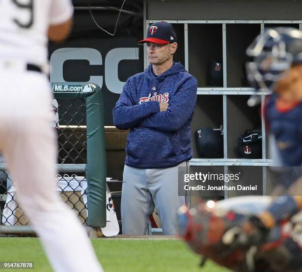 Manager Paul Molitor of the Minnesota Twins watches from the dugout as his team takes on the Chicago White Sox at Guaranteed Rate Field on May 4,...