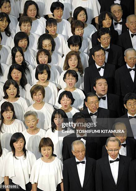 Members of a 223-member chorus group and four soloists perform Ludwig Van Beethoven's Symphony No.9 "Choral" during the 25th annual year-end concert...