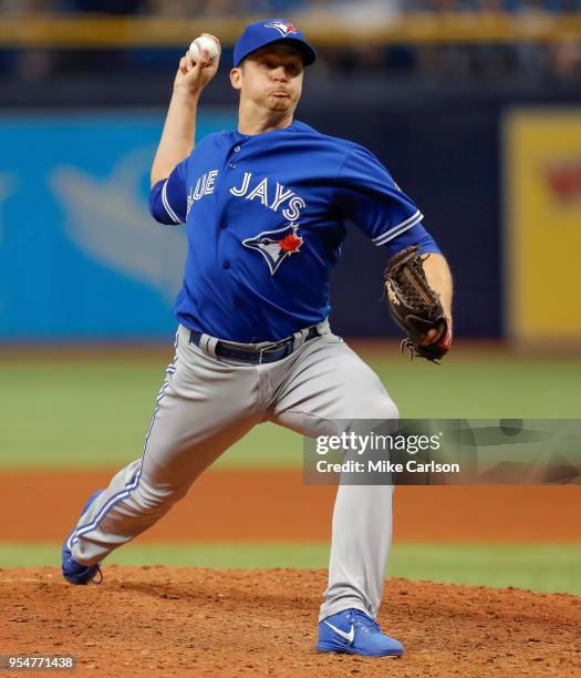 Jake Petricka of the Toronto Blue Jays throws in the seventh inning of a baseball game against the Tampa Bay Rays at Tropicana Field on May 4, 2018...