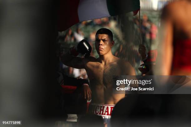 Richard Acevedo prepares to fight Edward Aceves during the Super Welterweight fight at StubHub Center on May 4, 2018 in Carson, California.