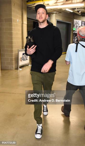 Joe Ingles of the Utah Jazz arrives at the stadium before the game against the Houston Rockets during Game Three of the Western Conference Semifinals...