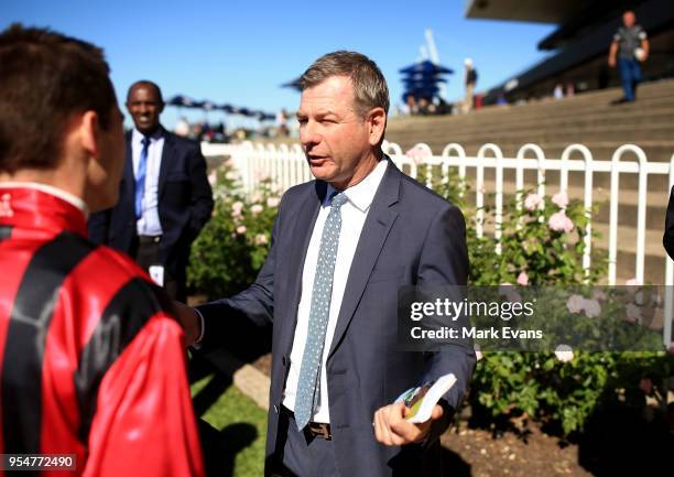 Trainer Kris Lees talks to jockey Jason Collett after winning race 1 with Gem Song during Sydney Racing at Rosehill Gardens on May 5, 2018 in Sydney,...