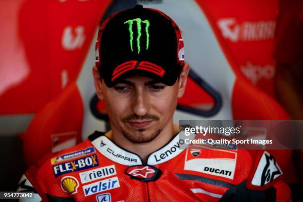 Jorge Lorenzo of Spain and Ducati Team looks on in box during the MotoGP of Spain - Free Practice at Circuito de Jerez on May 4, 2018 in Jerez de la...