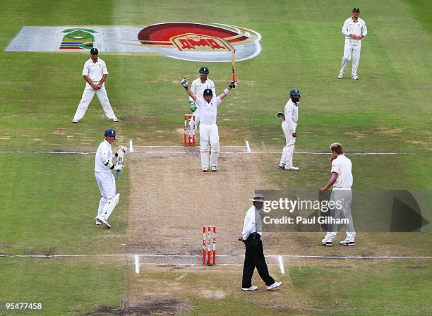 Ian Bell of England celebrates making a century during day four of the second test match between South Africa and England at Kingsmead Stadium on...