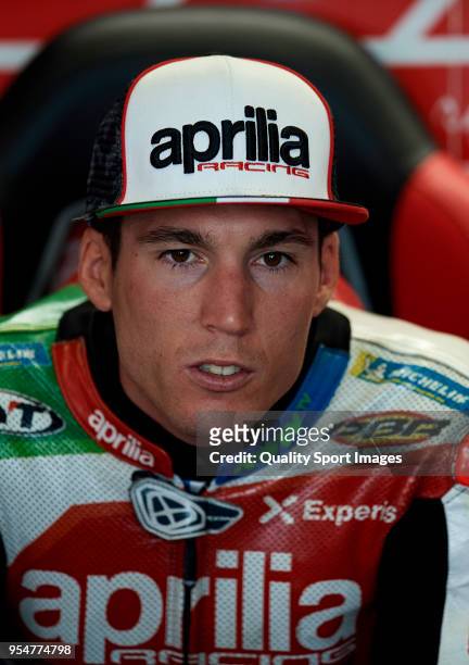 Aleix Espargaro of Spain and Aprilia Racing Team Gresini looks on in box during the MotoGP of Spain - Free Practice at Circuito de Jerez on May 4,...