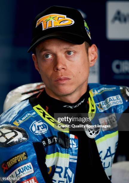 Tito Rabat of Spain and Reale Avintia Racing Ducati looks on in box during the MotoGP of Spain - Free Practice at Circuito de Jerez on May 4, 2018 in...