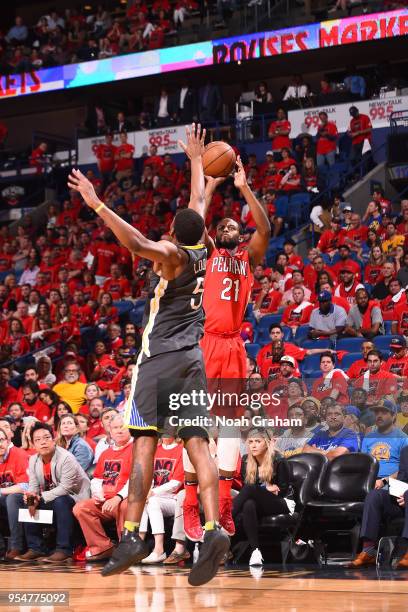 Darius Miller of the New Orleans Pelicans shoots the ball against the Golden State Warriors in Game Three of the Western Conference Semifinals during...