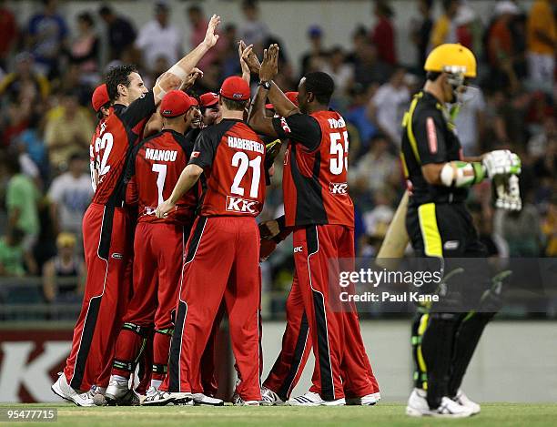 The Redbacks celebrate victory during the Twenty20 Big Bash match between the West Australian Warriors and the South Australian Redbacks at WACA on...