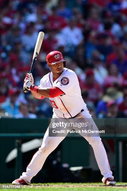 Moises Sierra of the Washington Nationals bats against the Colorado Rockies in the eighth inning at Nationals Park on April 14, 2018 in Washington,...