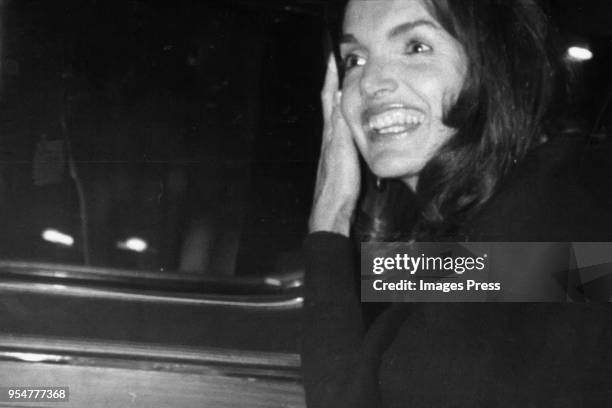 October 21, 1972: Jacqueline Kennedy Onassis arrives to her fourth wedding anniversary party at the El Morocco Night Club on October 21, 1972 in New...