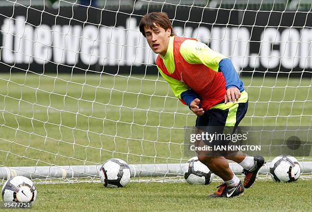 Barcelona's Spanish footballer Bojan Krkic Perez is pictured during a team training session at Bisham Abbey Sports Centre in Marlow, in southern...