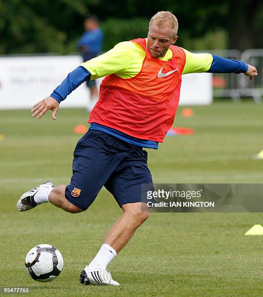 Barcelona's Icelandic player Eidur Gudjohnsen is pictured during a team training session at Bisham Abbey Sports Centre in Marlow, in southern...