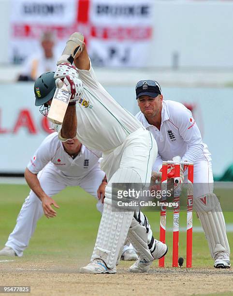 Hashim Amla of South Africa is bowled by Graeme Swann of England for 6 runs during day four of the second test match between South Africa and England...