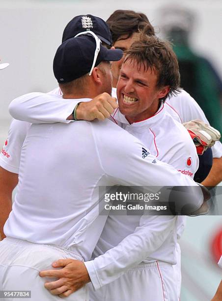 Graeme Swann of England celebrates with team mate Matt Prior after claiming the wicket of Hashim Amla for six runs during day four of the second test...