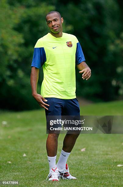 Barcelona's French player Thierry Henry is pictured during a team training session at Bisham Abbey Sports Centre in Marlow, in southern England, on...