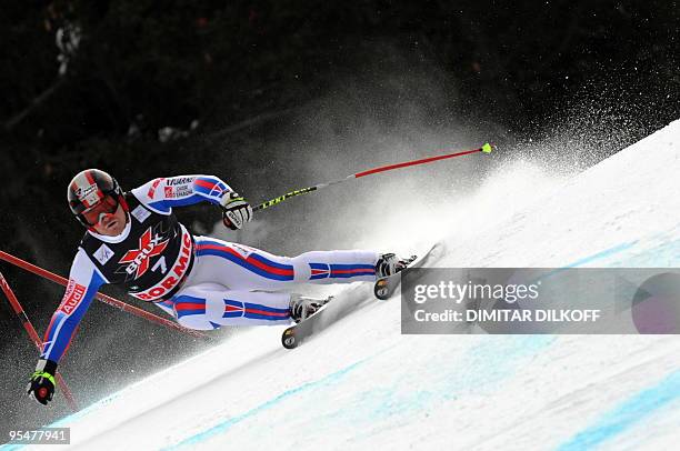 David Poisson of France speeds down during the Men's World Cup Downhill race in Bormio on December 29, 2009. Slovenia's Andrej Jerman clocked the...