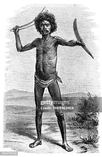 australian man with boomerang engraving 1894 - australian aboriginal culture stock illustrations