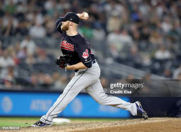 Cody Allen of the Cleveland Indians delivers a pitch in the bottom of the ninth inning against the New York Yankees at Yankee Stadium on May 4, 2018...