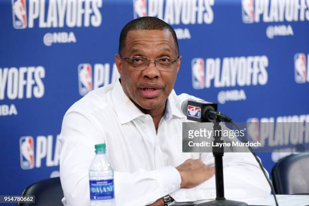 Head Coach Alvin Gentry of the New Orleans Pelicans talks with the media following Game Three of the Western Conference Semi Finals of the 2018 NBA...
