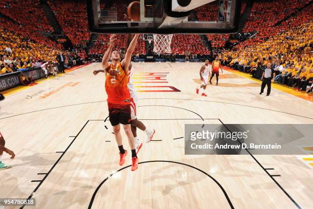 Joe Ingles of the Utah Jazz shoots the ball against the Houston Rockets during Game Three of the Western Conference Semifinals of the 2018 NBA...