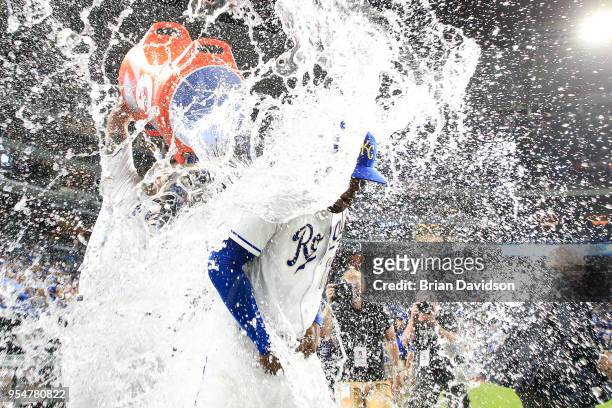 Jorge Soler after the Kansas City Royals gets water dumped on him by teammate Salvador Perez after defeating the Detroit Tigers at Kauffman Stadium...