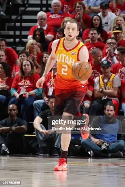 Joe Ingles of the Utah Jazz handles the ball during the game against the Houston Rockets during Game Three of the Western Conference Semifinals of...
