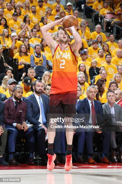 Joe Ingles of the Utah Jazz shoots the ball during the game against the Houston Rockets during Game Three of the Western Conference Semifinals of the...