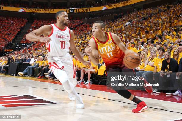 Dante Exum of the Utah Jazz handles the ball during the game against the Houston Rockets during Game Three of the Western Conference Semifinals of...