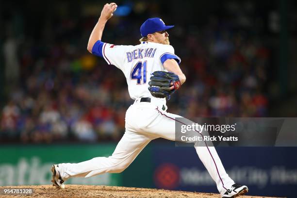 Jake Diekman of the Texas Rangers throws in the eight inning against the Boston Red Sox at Globe Life Park in Arlington on May 4, 2018 in Arlington,...