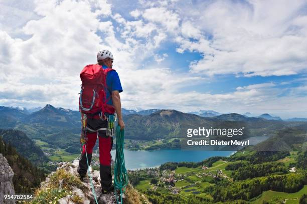 wandelaar kijken van schober berg naar lake fuschl, fuschlsee - fuschlsee stockfoto's en -beelden