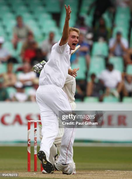 Stuart Broad of England celebrates taking the wicket of AB de Villiers of South Africa for lbw and 2 runs during day four of the second test match...