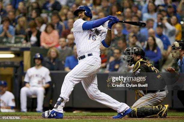 Domingo Santana of the Milwaukee Brewers hits a home run in the sixth inning against the Pittsburgh Pirates at Miller Park on May 4, 2018 in...