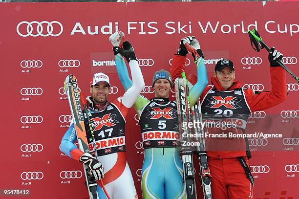 Andrej Jerman of Slovenia takes 1st place,Didier Defago of Switzerland takes 2nd place,Michael Walchhofer of Austria takes 3rd place during the Audi...