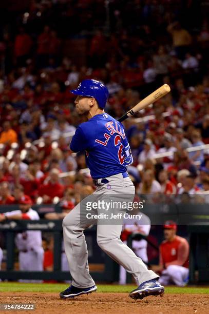 Tommy La Stella of the Chicago Cubs hits a one run single during the ninth inning against the St. Louis Cardinals at Busch Stadium on May 4, 2018 in...