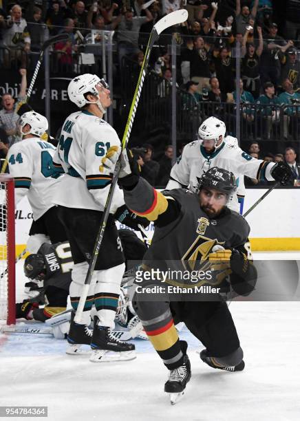 Alex Tuch of the Vegas Golden Knights reacts after scoring a power-play goal against the San Jose Sharks in the second period of Game Five of the...