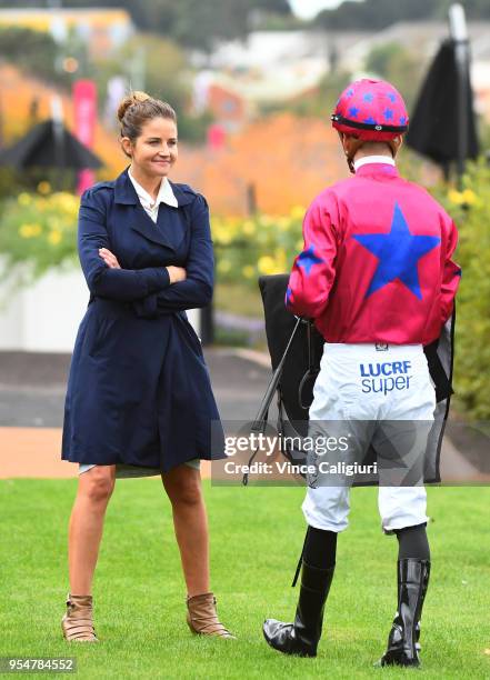 Trainer Michelle Payne talks to Fred Kersley after riding Valse in Race 1 during Melbourne Racing at Flemington Racecourse on May 5, 2018 in...