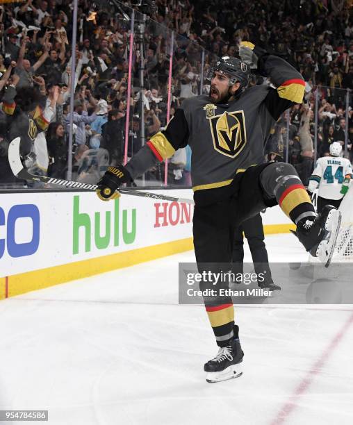 Alex Tuch of the Vegas Golden Knights reacts after scoring a power-play goal against the San Jose Sharks in the second period of Game Five of the...