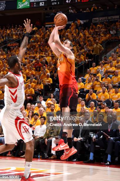 Joe Ingles of the Utah Jazz shoots the ball against the Houston Rockets during Game Three of the Western Conference Semifinals of the 2018 NBA...