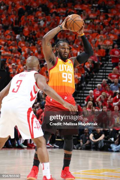 Jae Crowder of the Utah Jazz passes the ball during the game against the Houston Rockets during Game Three of the Western Conference Semifinals of...