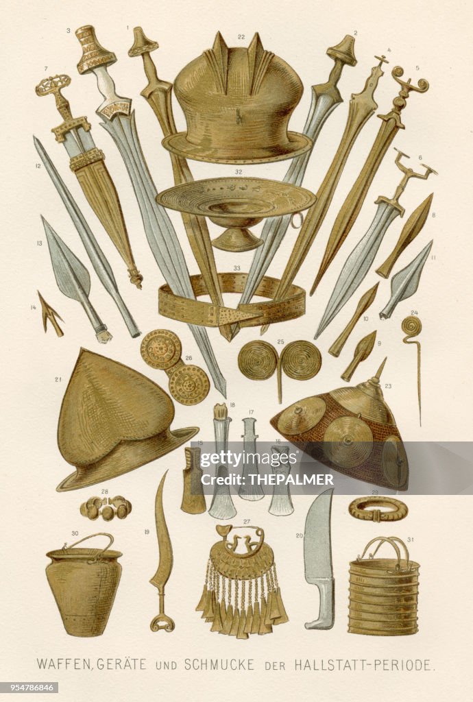 Weapons from early iron age lithograph 1894