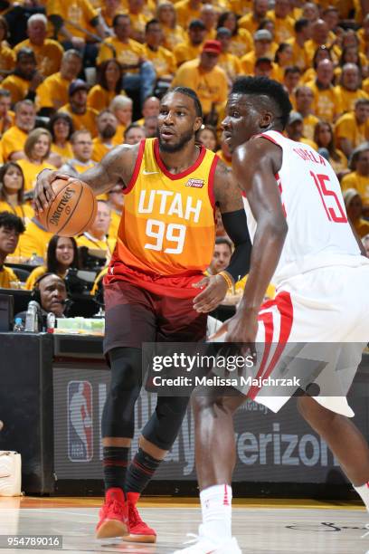 Jae Crowder of the Utah Jazz handles the ball during the game against the Houston Rockets during Game Three of the Western Conference Semifinals of...