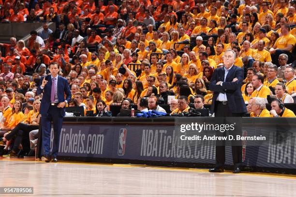 Head Coach Quin Snyder of the Utah Jazz and Head Coach Mike D'Antoni of the Houston Rockets look on during the game between the two teams during Game...